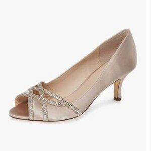XYD Nude Prom Wedding Kitten Heels Dress Pumps Peep Toe Slip on Rhinestones Shoe